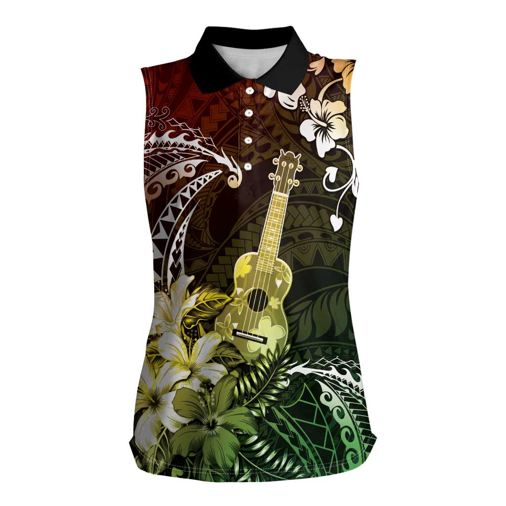 Hawaii Ukulele Women Sleeveless Polo Shirt Polynesian Pattern Mix Hibiscus Reggae Version LT05