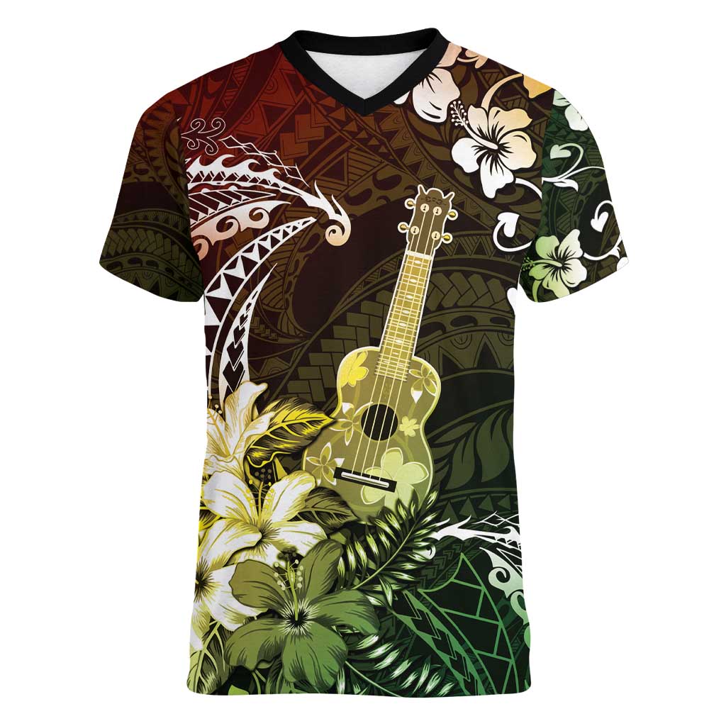 Hawaii Ukulele Women V-Neck T-Shirt Polynesian Pattern Mix Hibiscus Reggae Version LT05