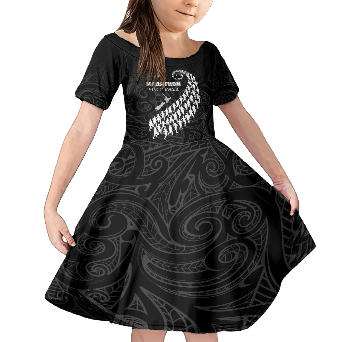 Custom New Zealand Marathon Family Matching Mermaid Dress and Hawaiian Shirt Maori Style LT05 Daughter's Dress Black - Polynesian Pride