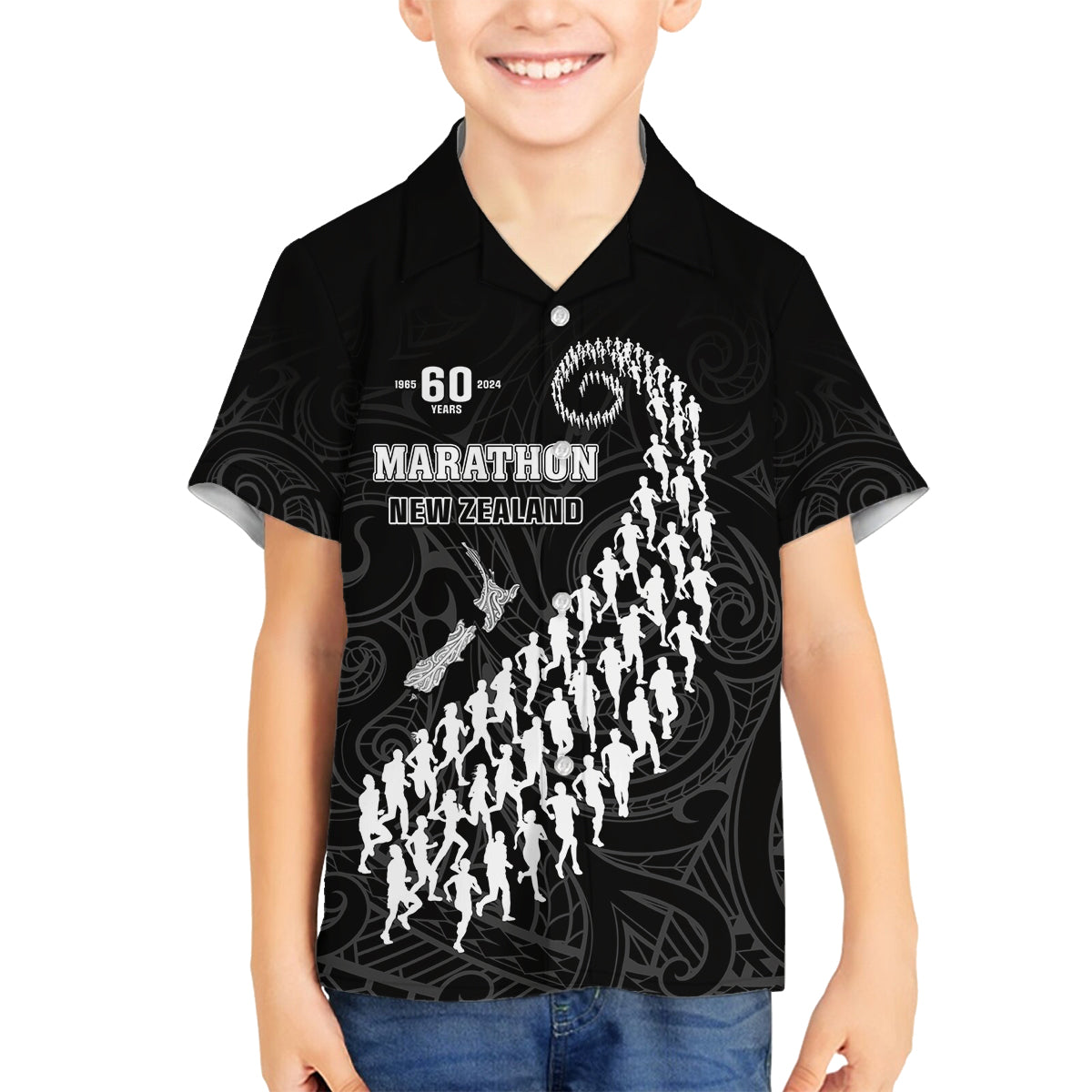 Custom New Zealand Marathon Family Matching Puletasi and Hawaiian Shirt Maori Style LT05 Son's Shirt Black - Polynesian Pride