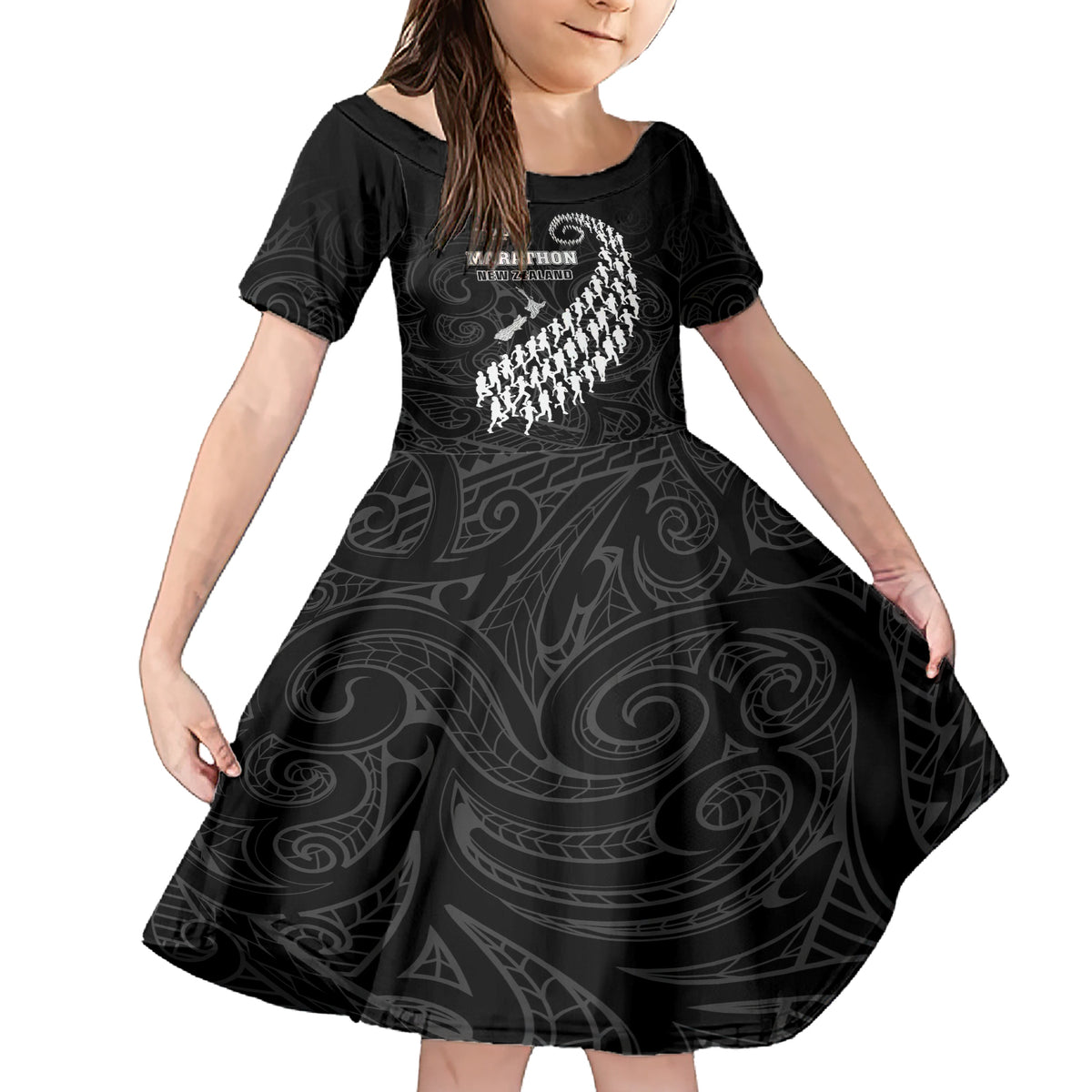 Custom New Zealand Marathon Family Matching Short Sleeve Bodycon Dress and Hawaiian Shirt Maori Style LT05 Daughter's Dress Black - Polynesian Pride
