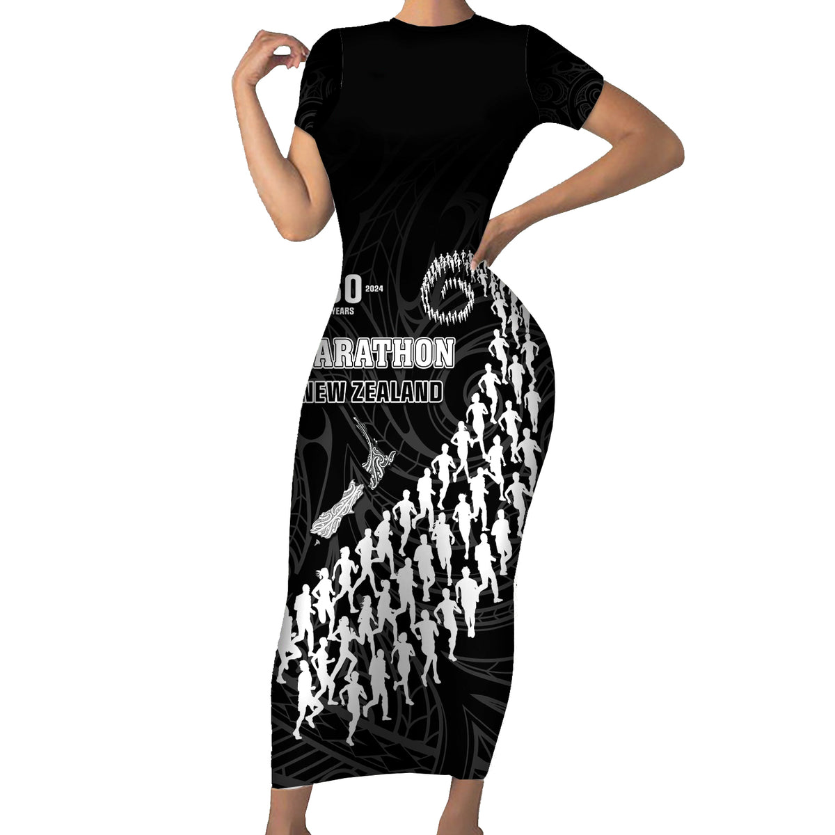 Custom New Zealand Marathon Family Matching Short Sleeve Bodycon Dress and Hawaiian Shirt Maori Style LT05 Mom's Dress Black - Polynesian Pride