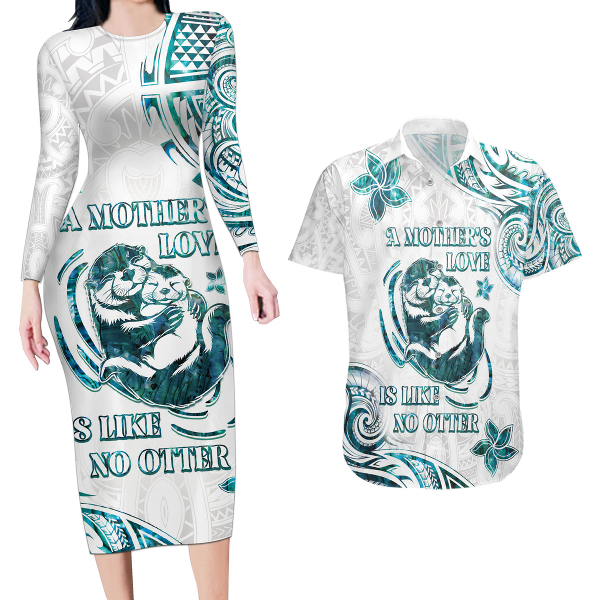 New Zealand Aotearoa Hari Ra Mama Couples Matching Long Sleeve Bodycon Dress and Hawaiian Shirt A Mother's Love Is Like No Otter LT05 White - Polynesian Pride