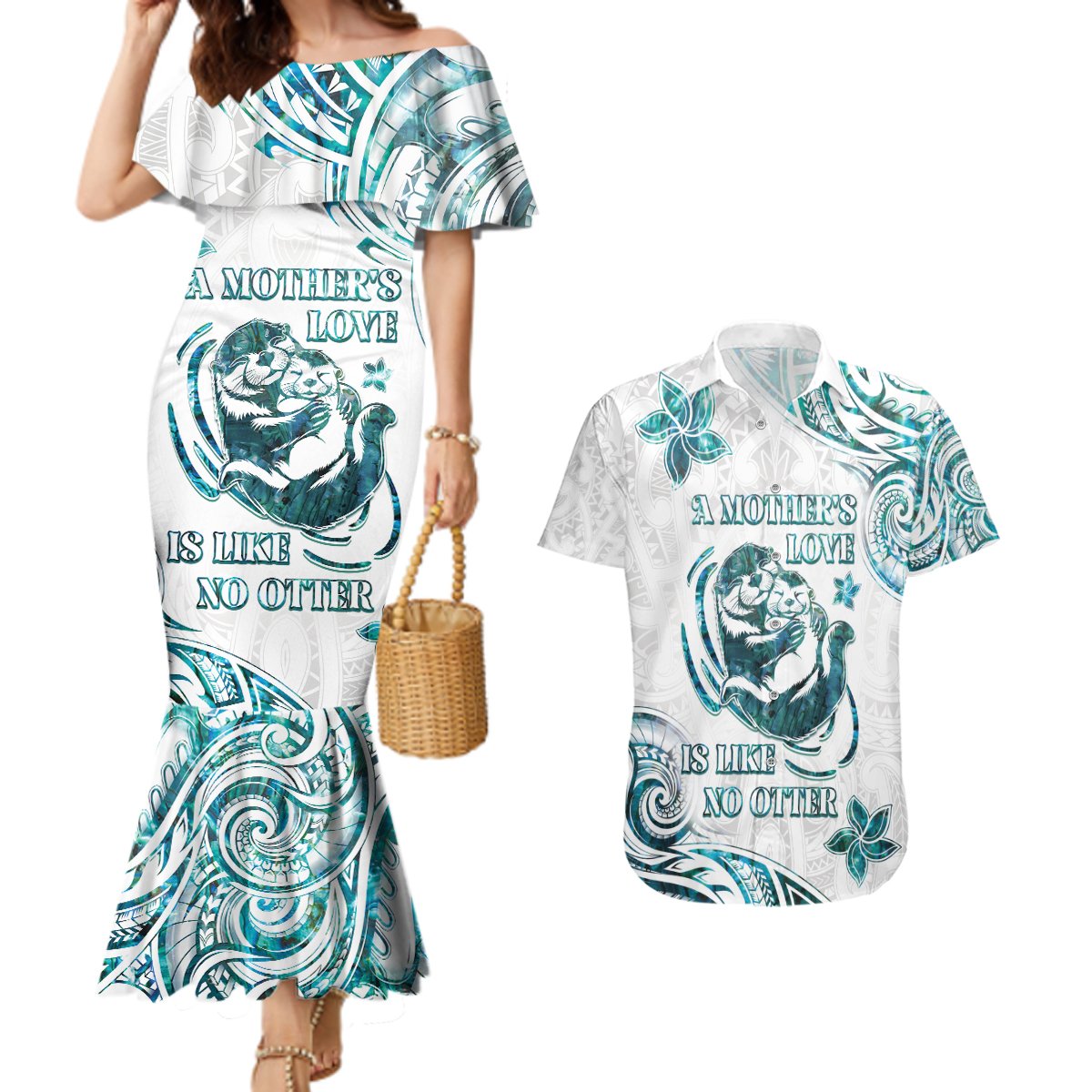 New Zealand Aotearoa Hari Ra Mama Couples Matching Mermaid Dress and Hawaiian Shirt A Mother's Love Is Like No Otter LT05 White - Polynesian Pride