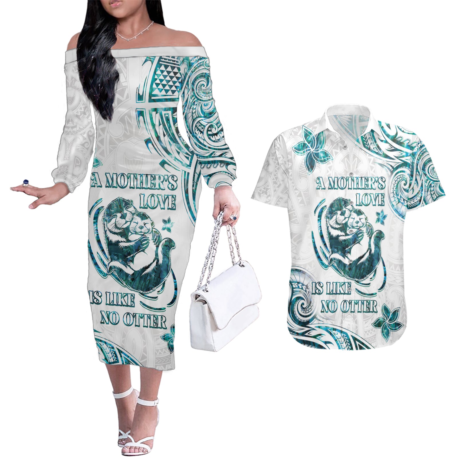New Zealand Aotearoa Hari Ra Mama Couples Matching Off The Shoulder Long Sleeve Dress and Hawaiian Shirt A Mother's Love Is Like No Otter