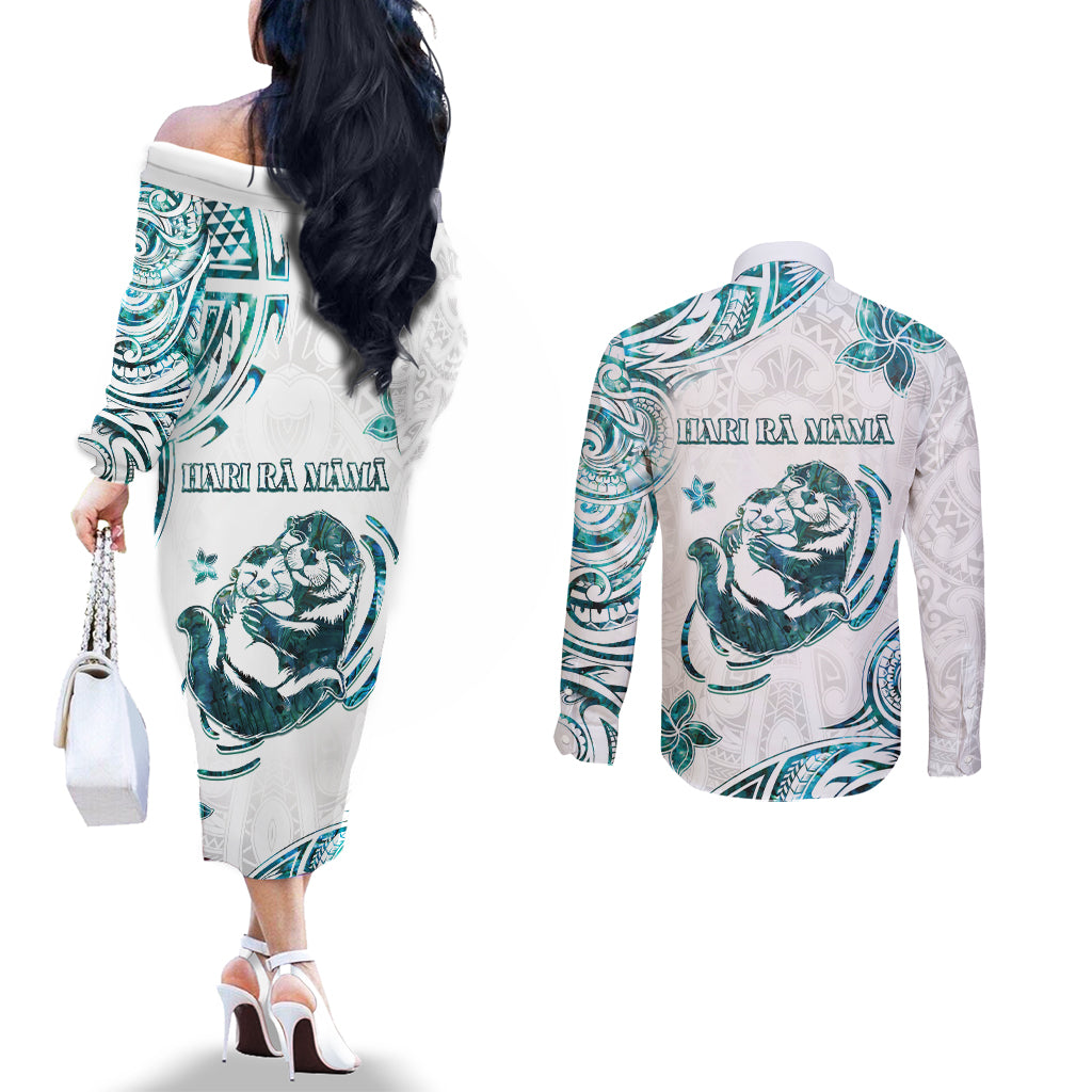 New Zealand Aotearoa Hari Ra Mama Couples Matching Off The Shoulder Long Sleeve Dress and Long Sleeve Button Shirt A Mother's Love Is Like No Otter LT05 - Polynesian Pride