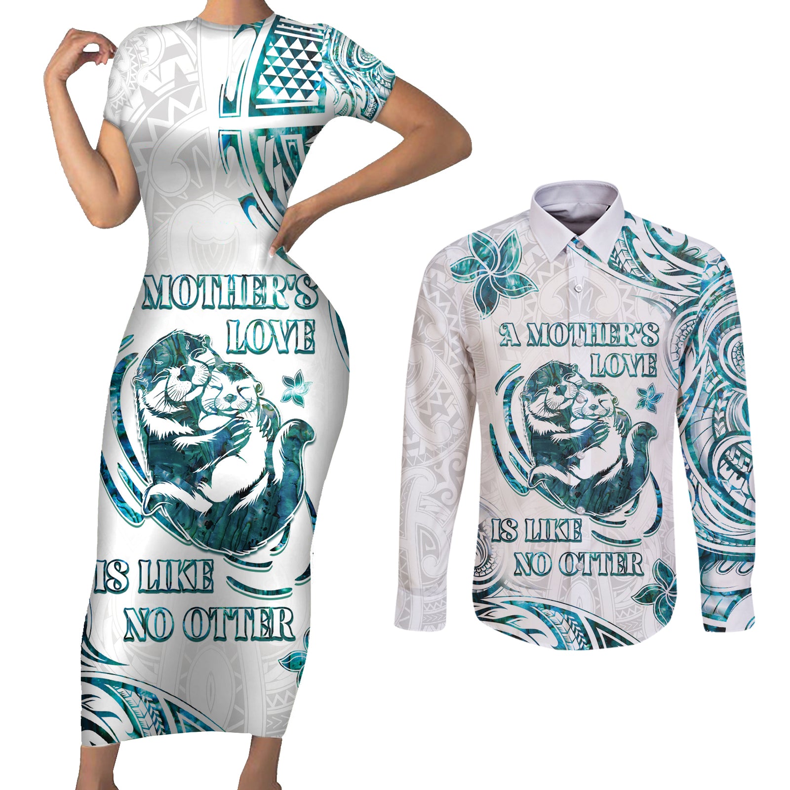 New Zealand Aotearoa Hari Ra Mama Couples Matching Short Sleeve Bodycon Dress and Long Sleeve Button Shirt A Mother's Love Is Like No Otter