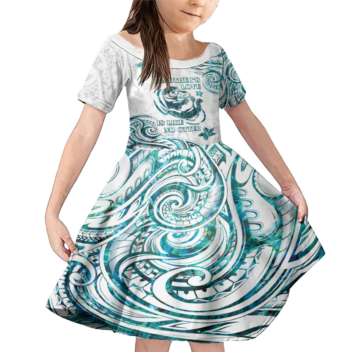 New Zealand Aotearoa Hari Ra Mama Family Matching Mermaid Dress and Hawaiian Shirt A Mother's Love Is Like No Otter LT05 Daughter's Dress White - Polynesian Pride