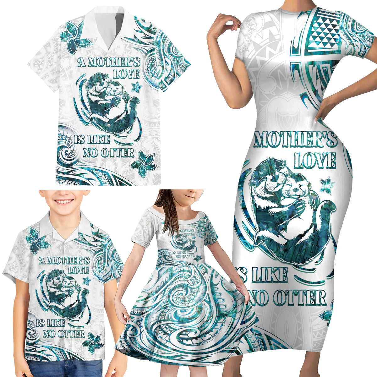 New Zealand Aotearoa Hari Ra Mama Family Matching Short Sleeve Bodycon Dress and Hawaiian Shirt A Mother's Love Is Like No Otter LT05 - Polynesian Pride