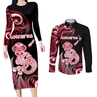 Personalised New Zealand Maori Taniwha Couples Matching Long Sleeve Bodycon Dress and Long Sleeve Button Shirt Silver Fern Red Version LT05 Red - Polynesian Pride