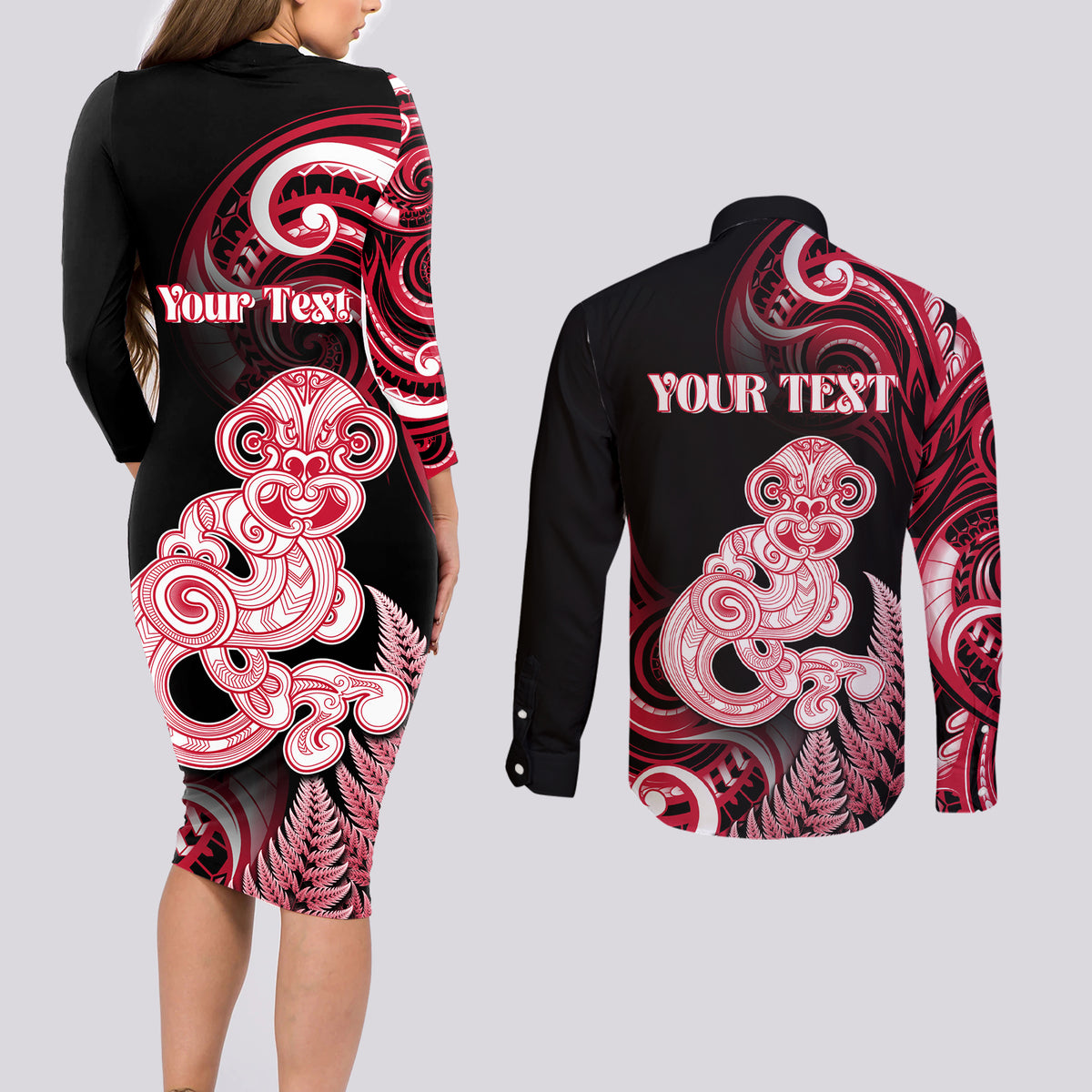 Personalised New Zealand Maori Taniwha Couples Matching Long Sleeve Bodycon Dress and Long Sleeve Button Shirt Silver Fern Red Version LT05 - Polynesian Pride