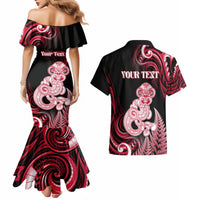 Personalised New Zealand Maori Taniwha Couples Matching Mermaid Dress and Hawaiian Shirt Silver Fern Red Version LT05 - Polynesian Pride