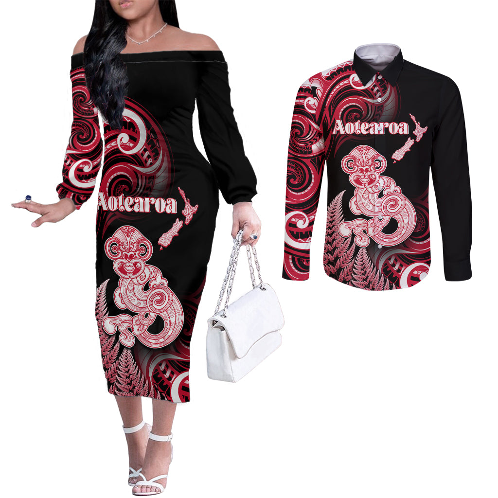 Personalised New Zealand Maori Taniwha Couples Matching Off The Shoulder Long Sleeve Dress and Long Sleeve Button Shirt Silver Fern Red Version LT05 Red - Polynesian Pride