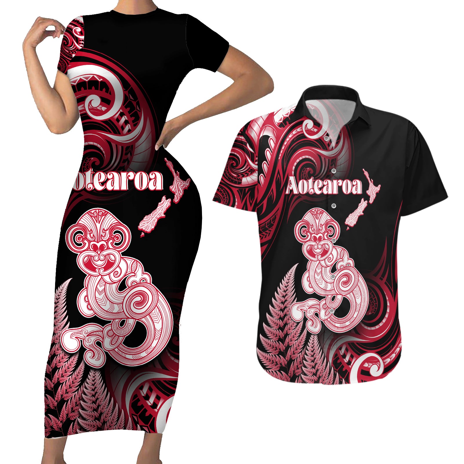 Personalised New Zealand Maori Taniwha Couples Matching Short Sleeve Bodycon Dress and Hawaiian Shirt Silver Fern Red Version