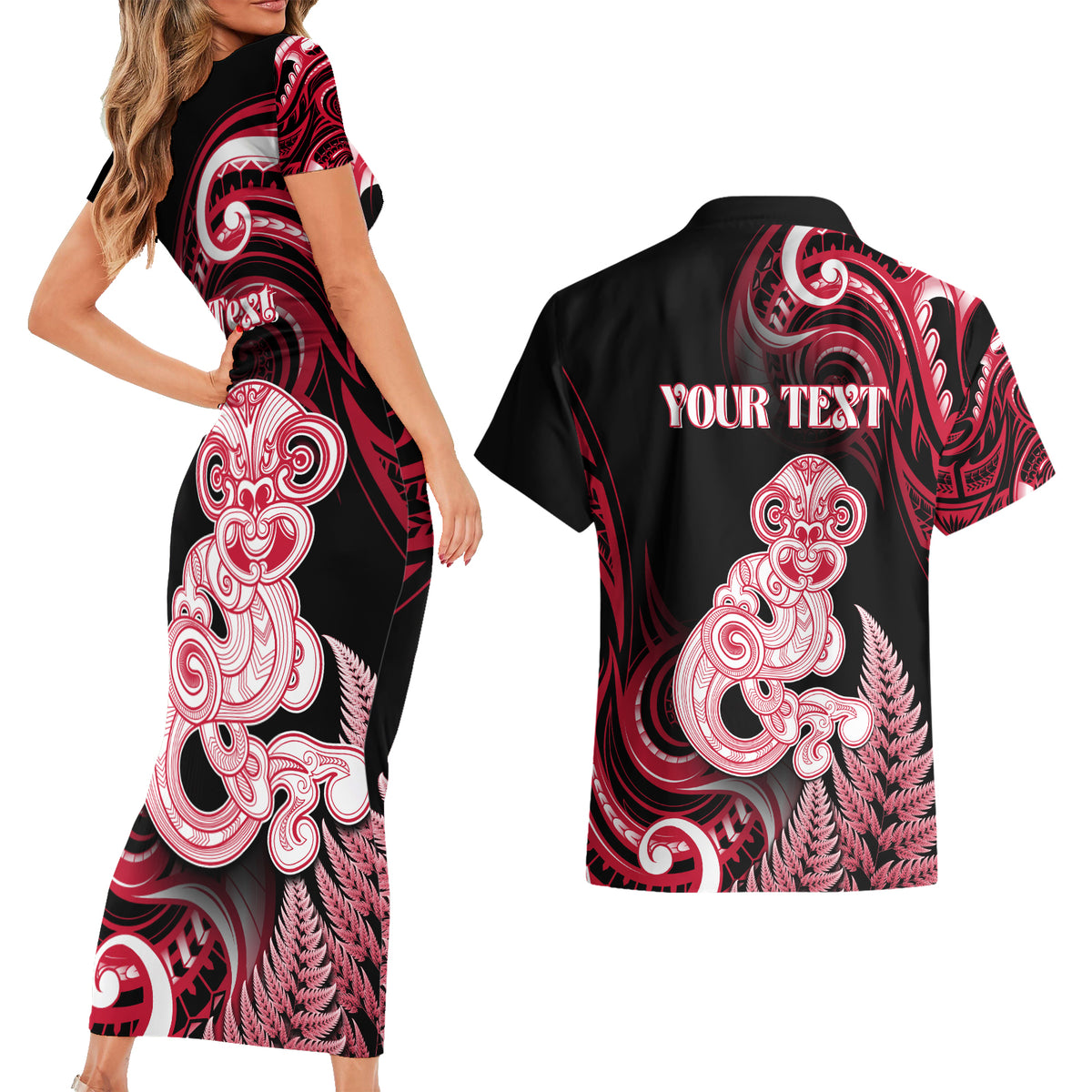 Personalised New Zealand Maori Taniwha Couples Matching Short Sleeve Bodycon Dress and Hawaiian Shirt Silver Fern Red Version LT05 - Polynesian Pride