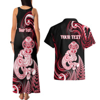 Personalised New Zealand Maori Taniwha Couples Matching Tank Maxi Dress and Hawaiian Shirt Silver Fern Red Version LT05 - Polynesian Pride
