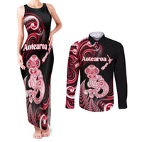 Personalised New Zealand Maori Taniwha Couples Matching Tank Maxi Dress and Long Sleeve Button Shirt Silver Fern Red Version LT05 Red - Polynesian Pride