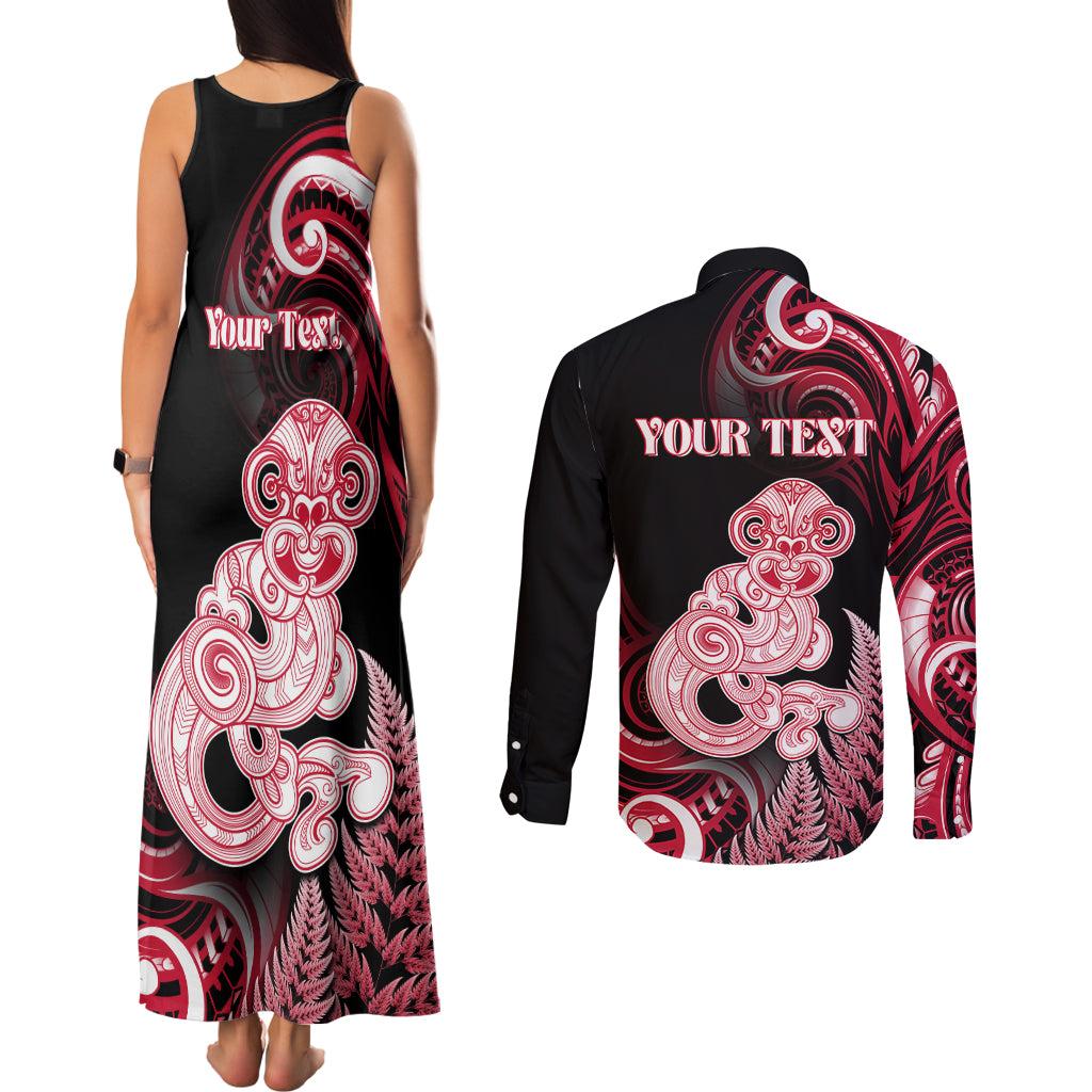 Personalised New Zealand Maori Taniwha Couples Matching Tank Maxi Dress and Long Sleeve Button Shirt Silver Fern Red Version LT05 - Polynesian Pride