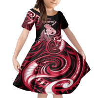 Personalised New Zealand Maori Taniwha Family Matching Long Sleeve Bodycon Dress and Hawaiian Shirt Silver Fern Red Version LT05 Daughter's Dress Red - Polynesian Pride