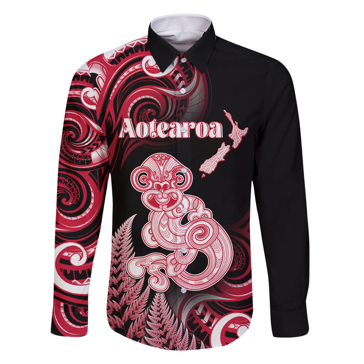 Personalised New Zealand Maori Taniwha Family Matching Long Sleeve Bodycon Dress and Hawaiian Shirt Silver Fern Red Version LT05 Dad's Shirt - Long Sleeve Red - Polynesian Pride