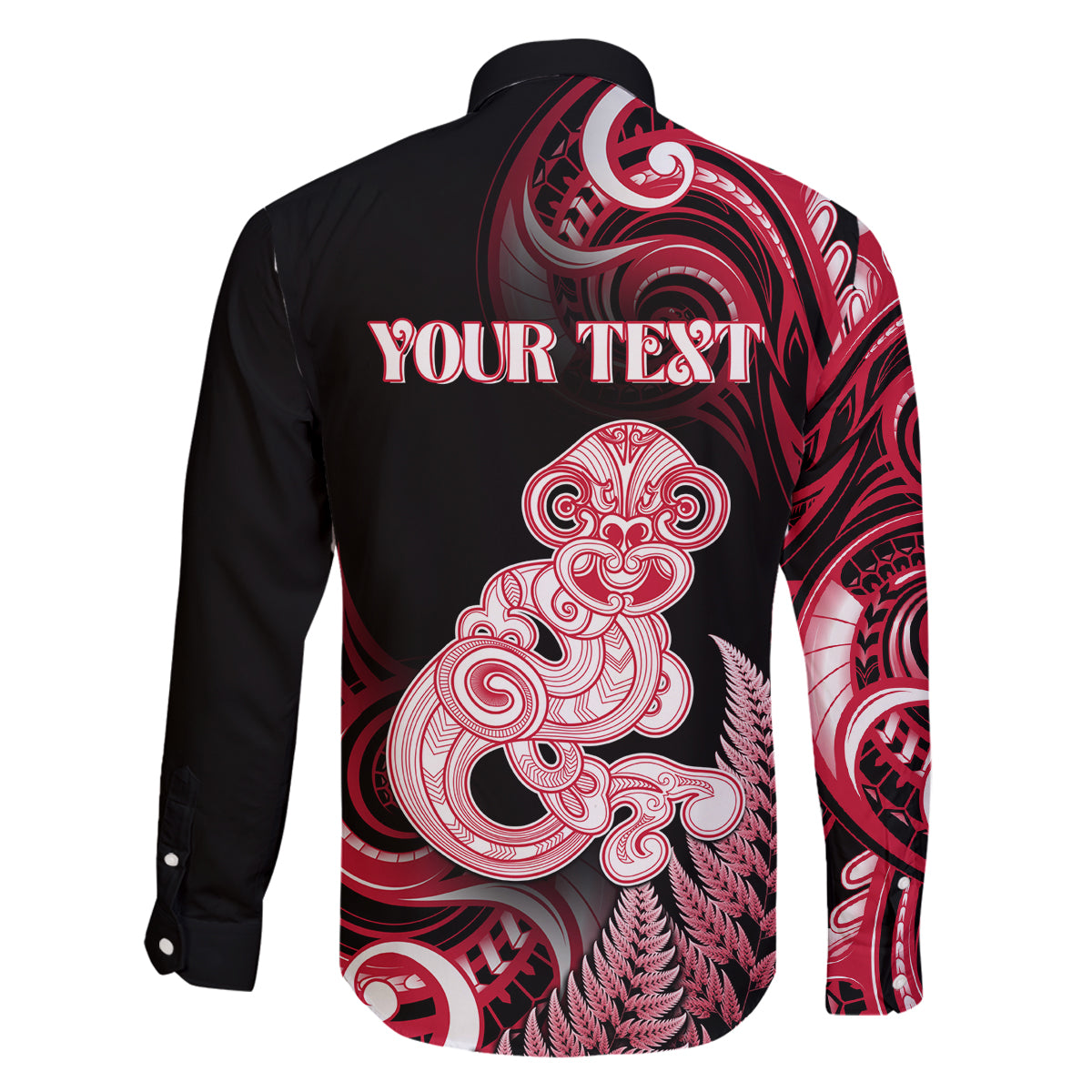 Personalised New Zealand Maori Taniwha Family Matching Long Sleeve Bodycon Dress and Hawaiian Shirt Silver Fern Red Version LT05 - Polynesian Pride