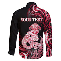 Personalised New Zealand Maori Taniwha Family Matching Long Sleeve Bodycon Dress and Hawaiian Shirt Silver Fern Red Version LT05 - Polynesian Pride