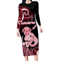 Personalised New Zealand Maori Taniwha Family Matching Long Sleeve Bodycon Dress and Hawaiian Shirt Silver Fern Red Version LT05 Mom's Dress Red - Polynesian Pride