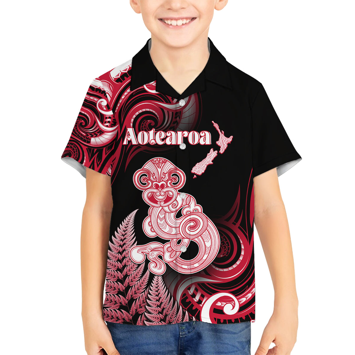 Personalised New Zealand Maori Taniwha Family Matching Long Sleeve Bodycon Dress and Hawaiian Shirt Silver Fern Red Version LT05 Son's Shirt Red - Polynesian Pride