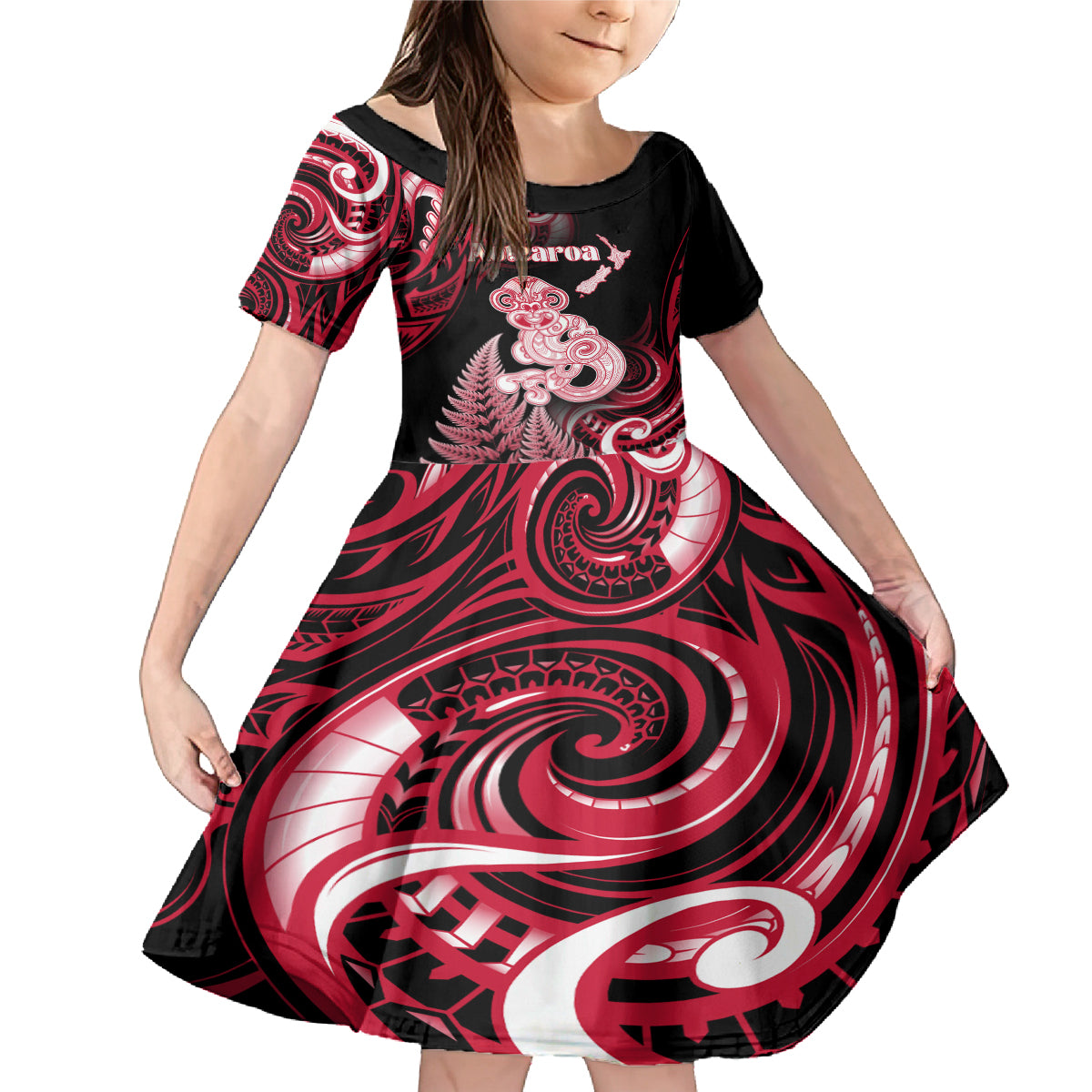 Personalised New Zealand Maori Taniwha Family Matching Mermaid Dress and Hawaiian Shirt Silver Fern Red Version LT05 Daughter's Dress Red - Polynesian Pride