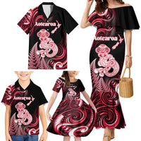 Personalised New Zealand Maori Taniwha Family Matching Mermaid Dress and Hawaiian Shirt Silver Fern Red Version LT05 - Polynesian Pride