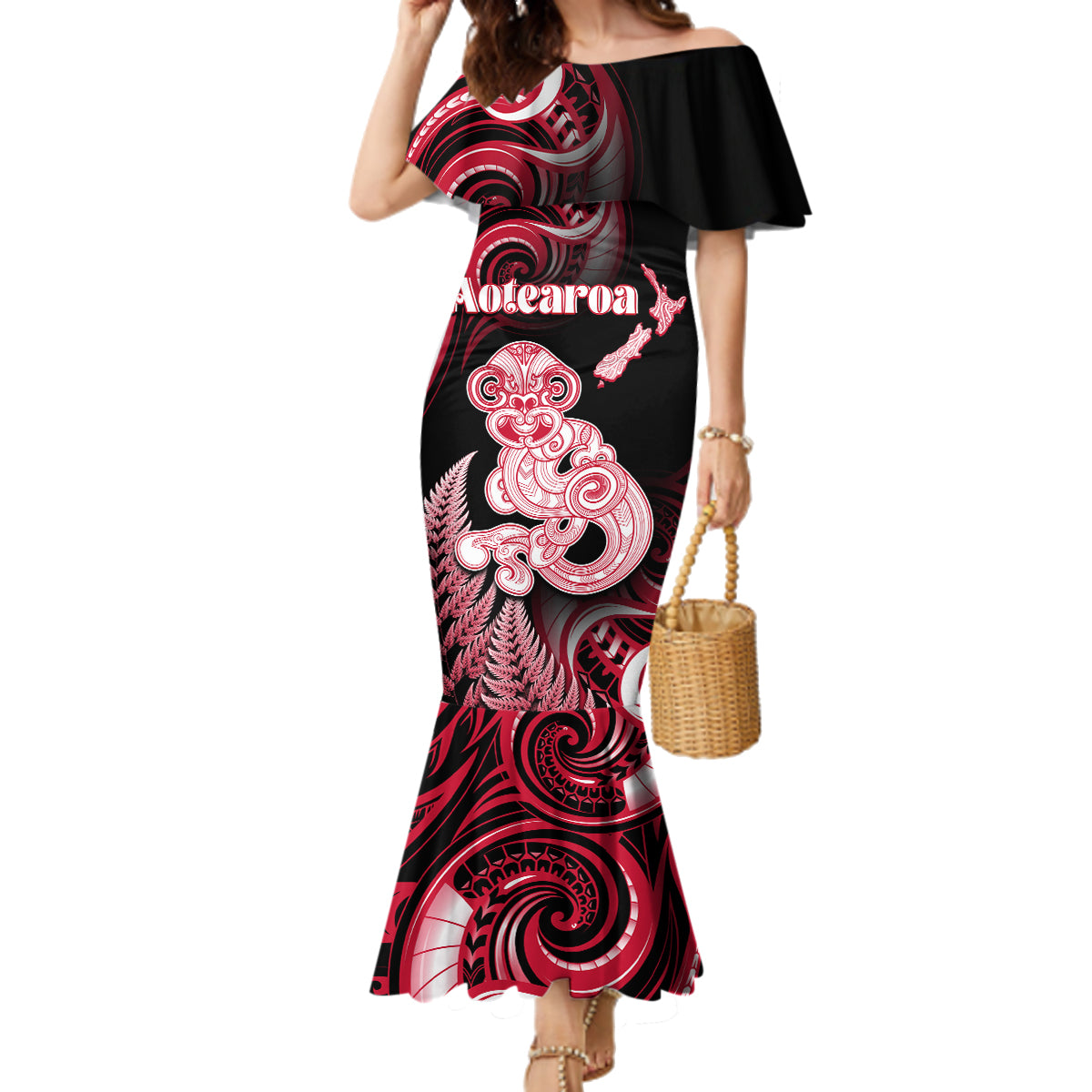 Personalised New Zealand Maori Taniwha Family Matching Mermaid Dress and Hawaiian Shirt Silver Fern Red Version LT05 Mom's Dress Red - Polynesian Pride