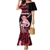 Personalised New Zealand Maori Taniwha Family Matching Mermaid Dress and Hawaiian Shirt Silver Fern Red Version LT05 Mom's Dress Red - Polynesian Pride