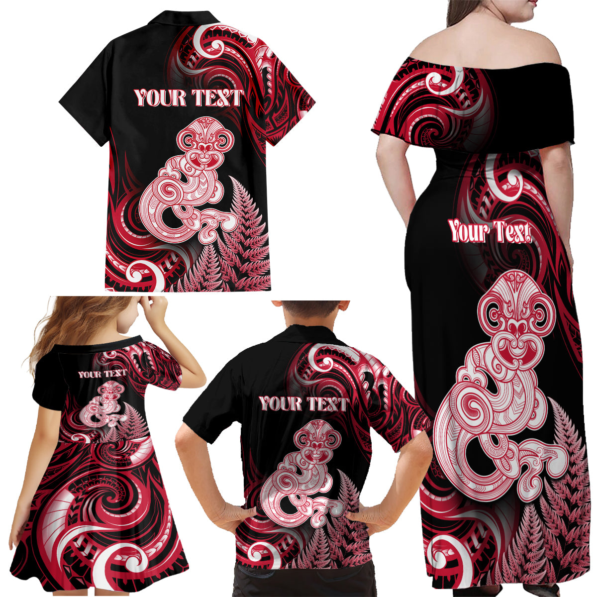 Personalised New Zealand Maori Taniwha Family Matching Off Shoulder Maxi Dress and Hawaiian Shirt Silver Fern Red Version