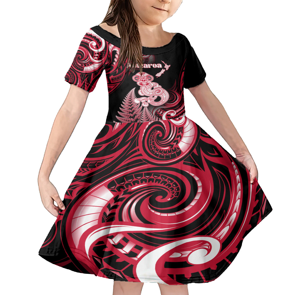 Personalised New Zealand Maori Taniwha Family Matching Puletasi and Hawaiian Shirt Silver Fern Red Version LT05 Daughter's Dress Red - Polynesian Pride