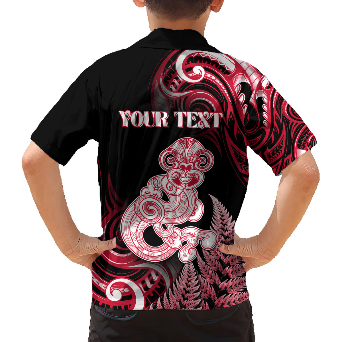 Personalised New Zealand Maori Taniwha Family Matching Short Sleeve Bodycon Dress and Hawaiian Shirt Silver Fern Red Version LT05 - Polynesian Pride