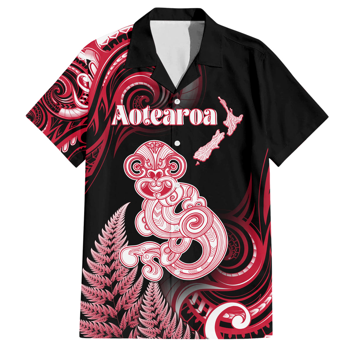 Personalised New Zealand Maori Taniwha Family Matching Short Sleeve Bodycon Dress and Hawaiian Shirt Silver Fern Red Version LT05 Dad's Shirt - Short Sleeve Red - Polynesian Pride