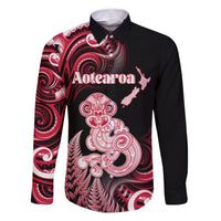 Personalised New Zealand Maori Taniwha Family Matching Short Sleeve Bodycon Dress and Hawaiian Shirt Silver Fern Red Version LT05 Dad's Shirt - Long Sleeve Red - Polynesian Pride