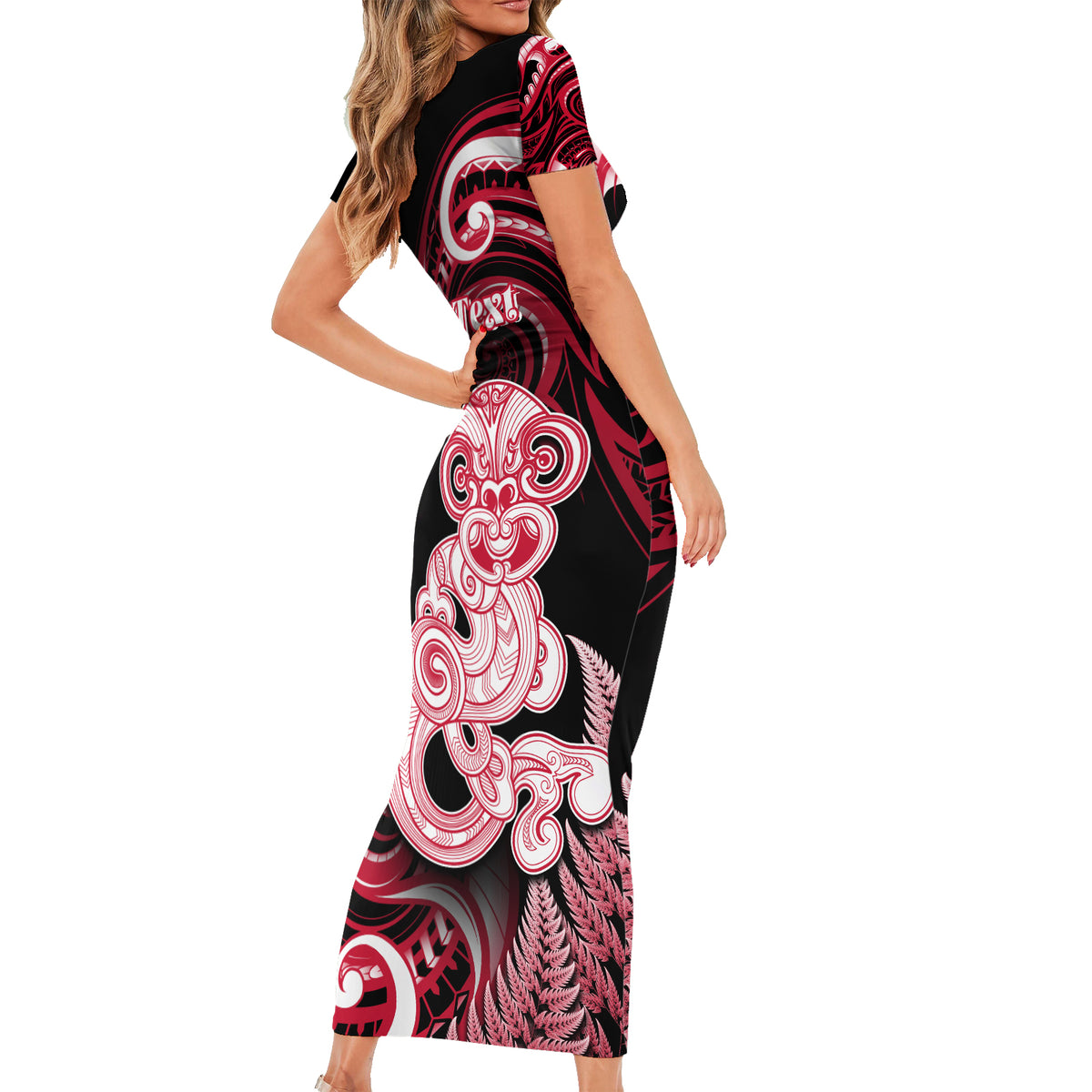 Personalised New Zealand Maori Taniwha Family Matching Short Sleeve Bodycon Dress and Hawaiian Shirt Silver Fern Red Version LT05 - Polynesian Pride