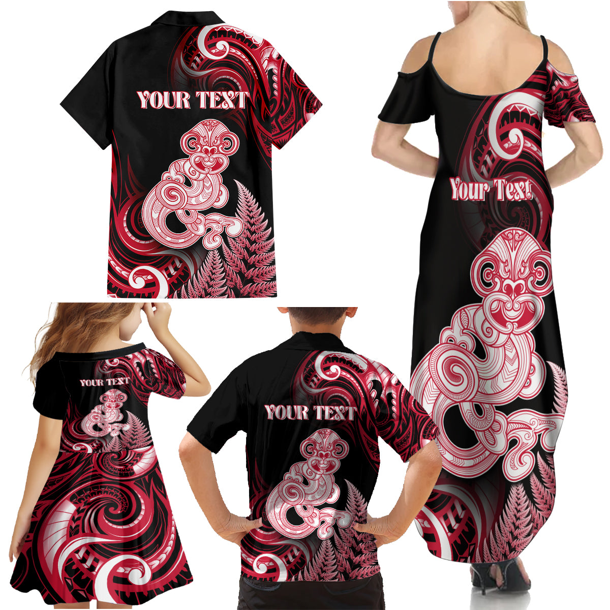 Personalised New Zealand Maori Taniwha Family Matching Summer Maxi Dress and Hawaiian Shirt Silver Fern Red Version