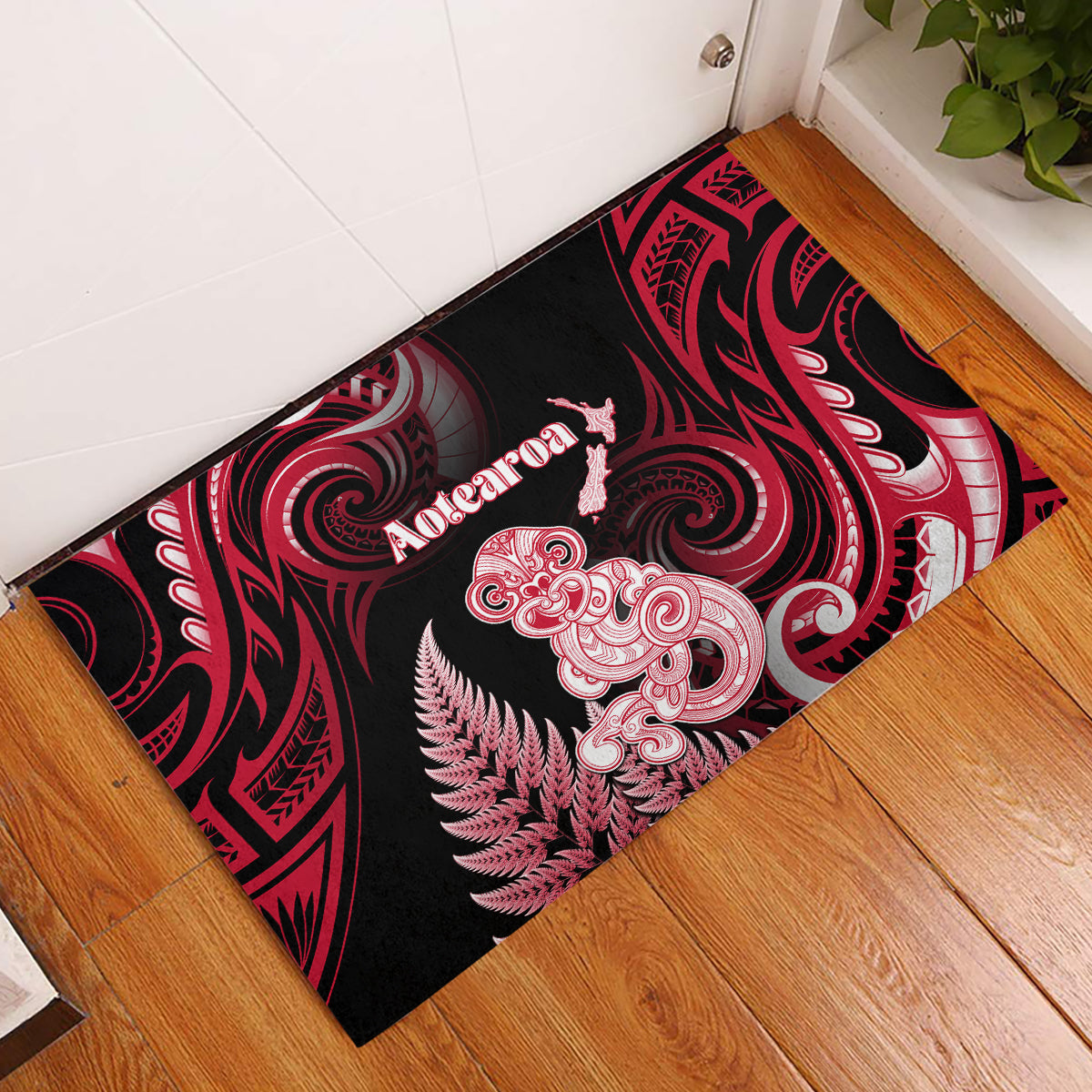 New Zealand Maori Taniwha Rubber Doormat Silver Fern Red Version