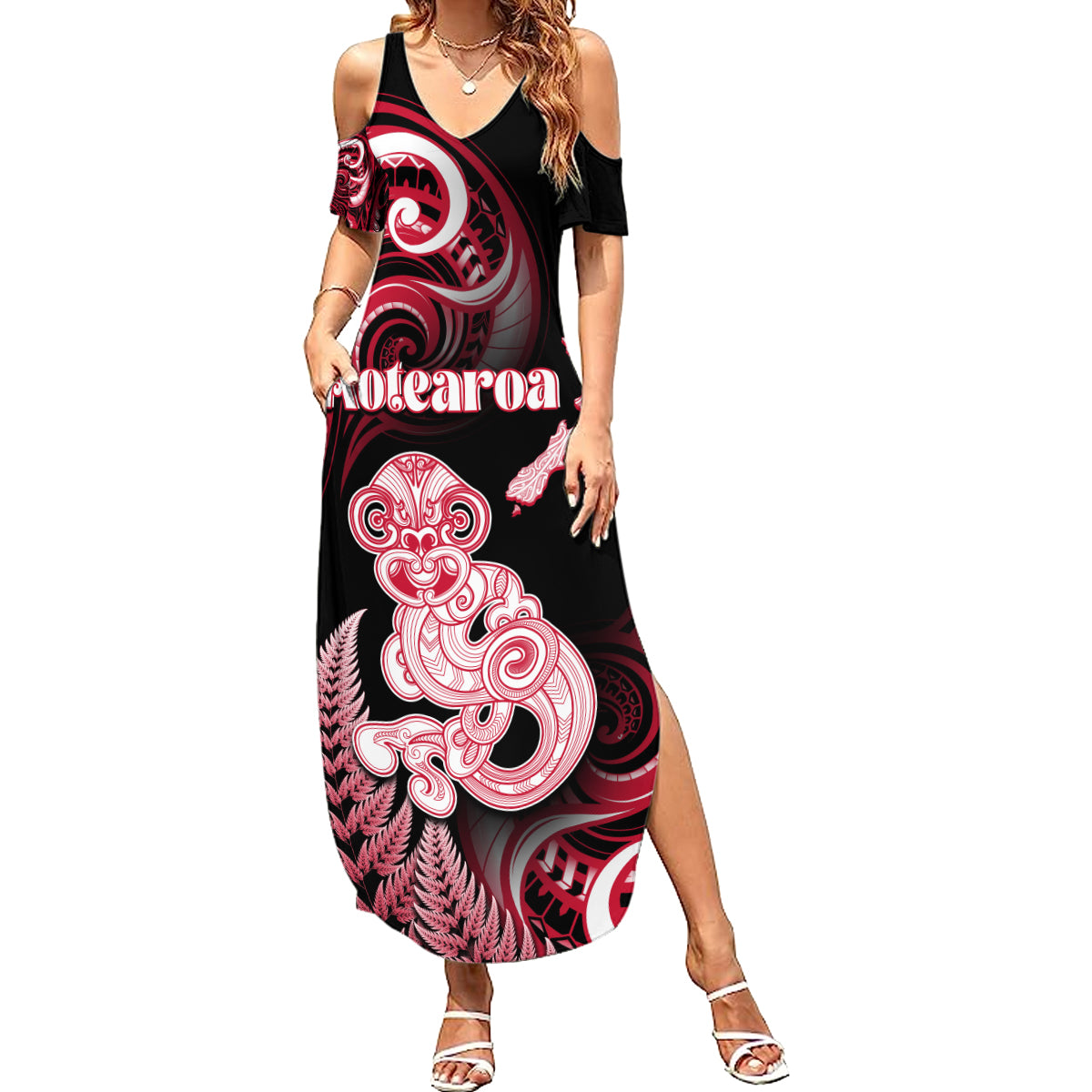 Personalised New Zealand Maori Taniwha Summer Maxi Dress Silver Fern Red Version