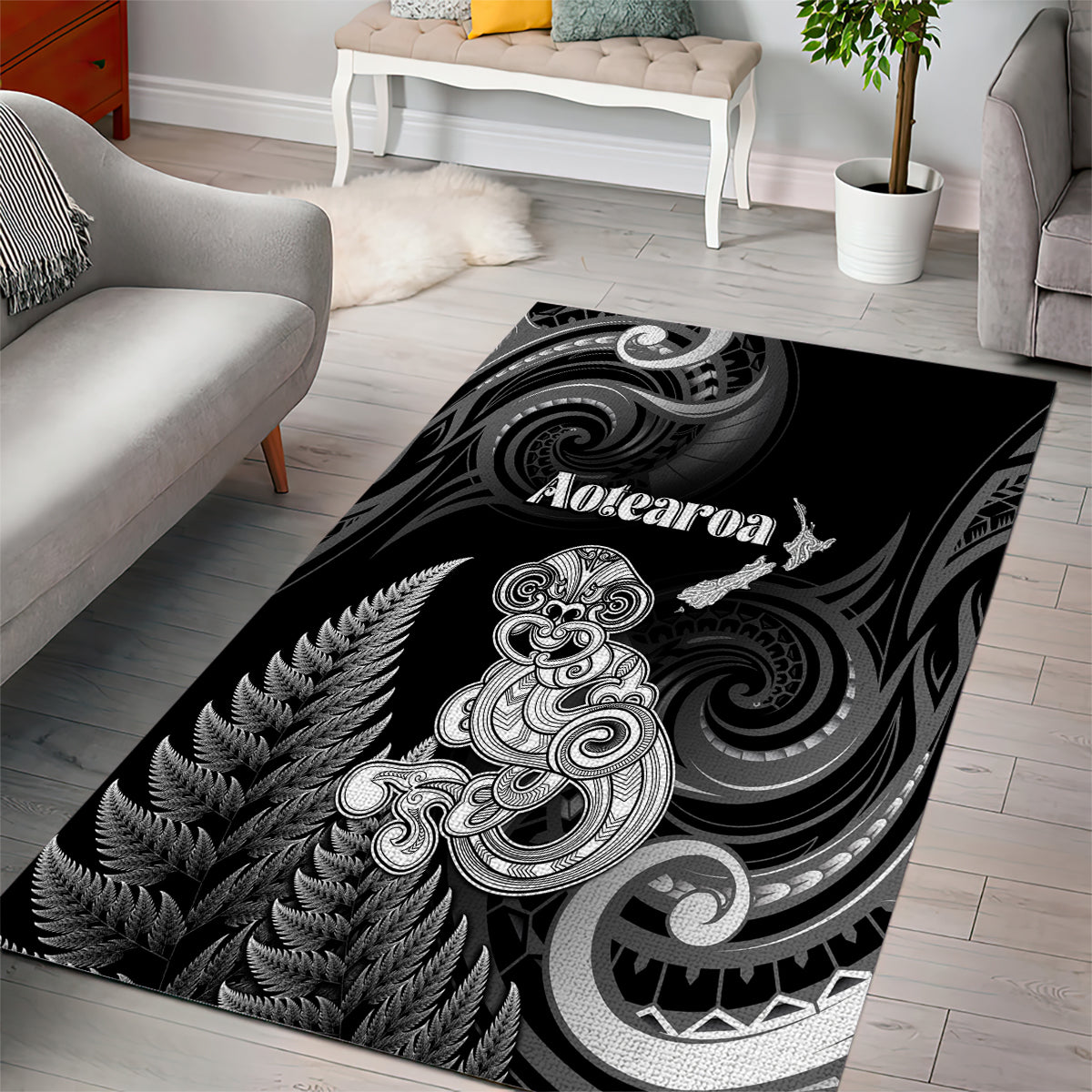 New Zealand Maori Taniwha Area Rug Silver Fern Black Version