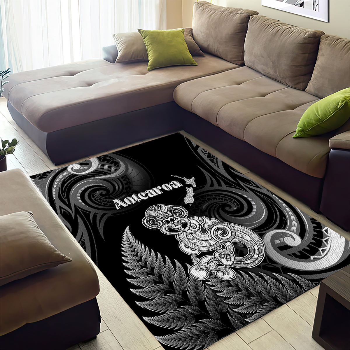 New Zealand Maori Taniwha Area Rug Silver Fern Black Version