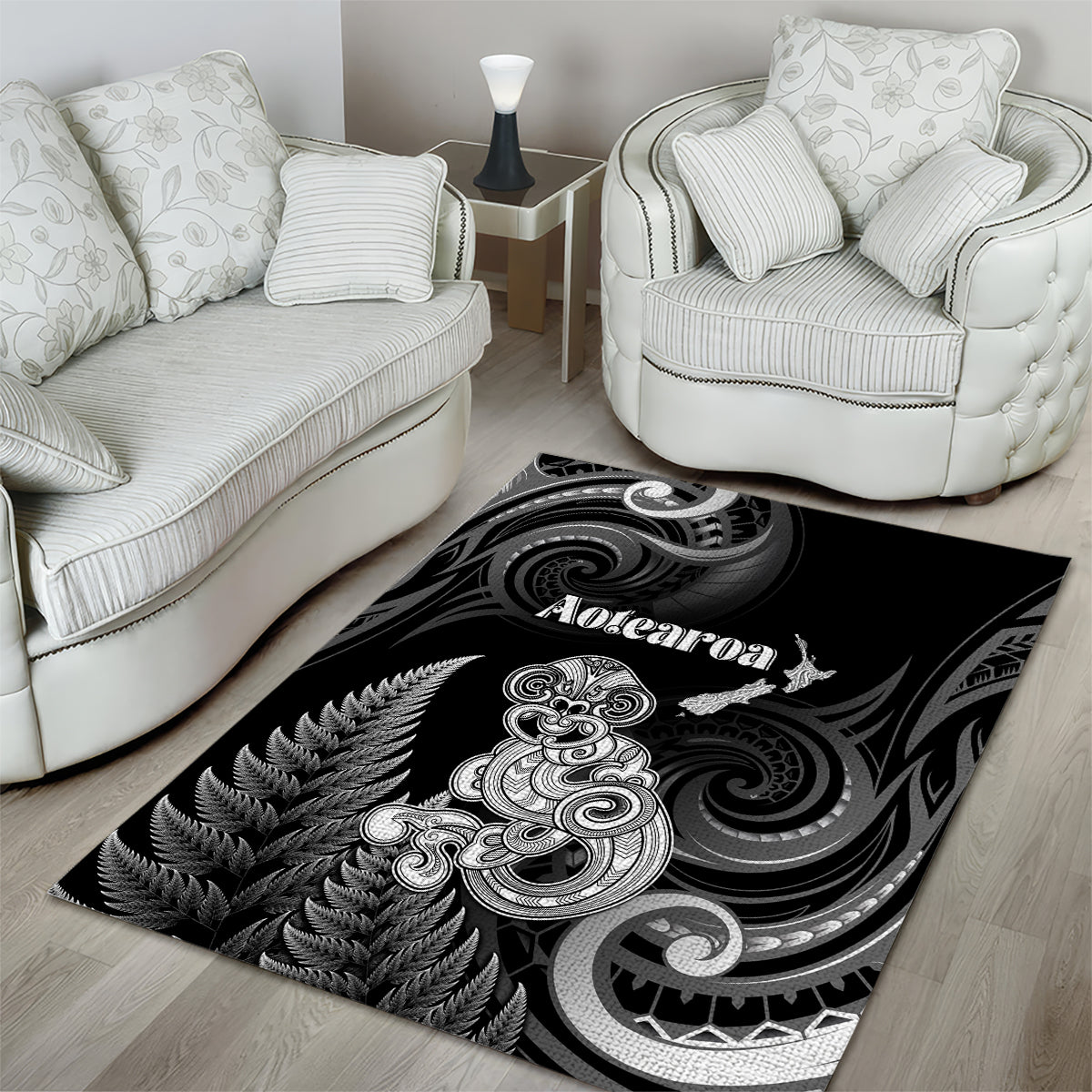 New Zealand Maori Taniwha Area Rug Silver Fern Black Version