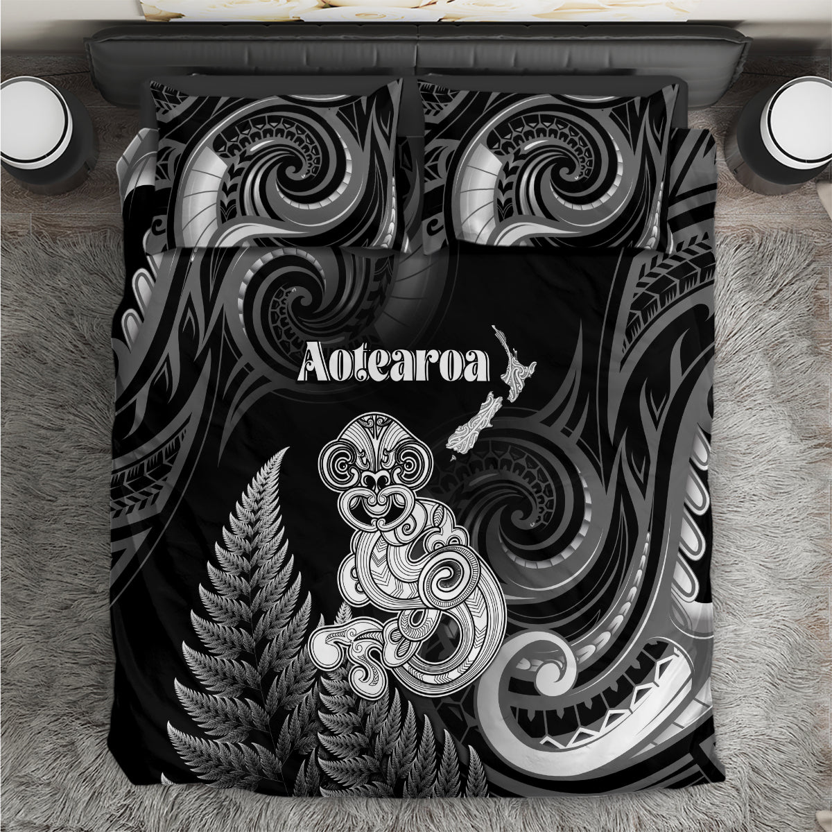 New Zealand Maori Taniwha Bedding Set Silver Fern Black Version