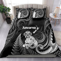 New Zealand Maori Taniwha Bedding Set Silver Fern Black Version