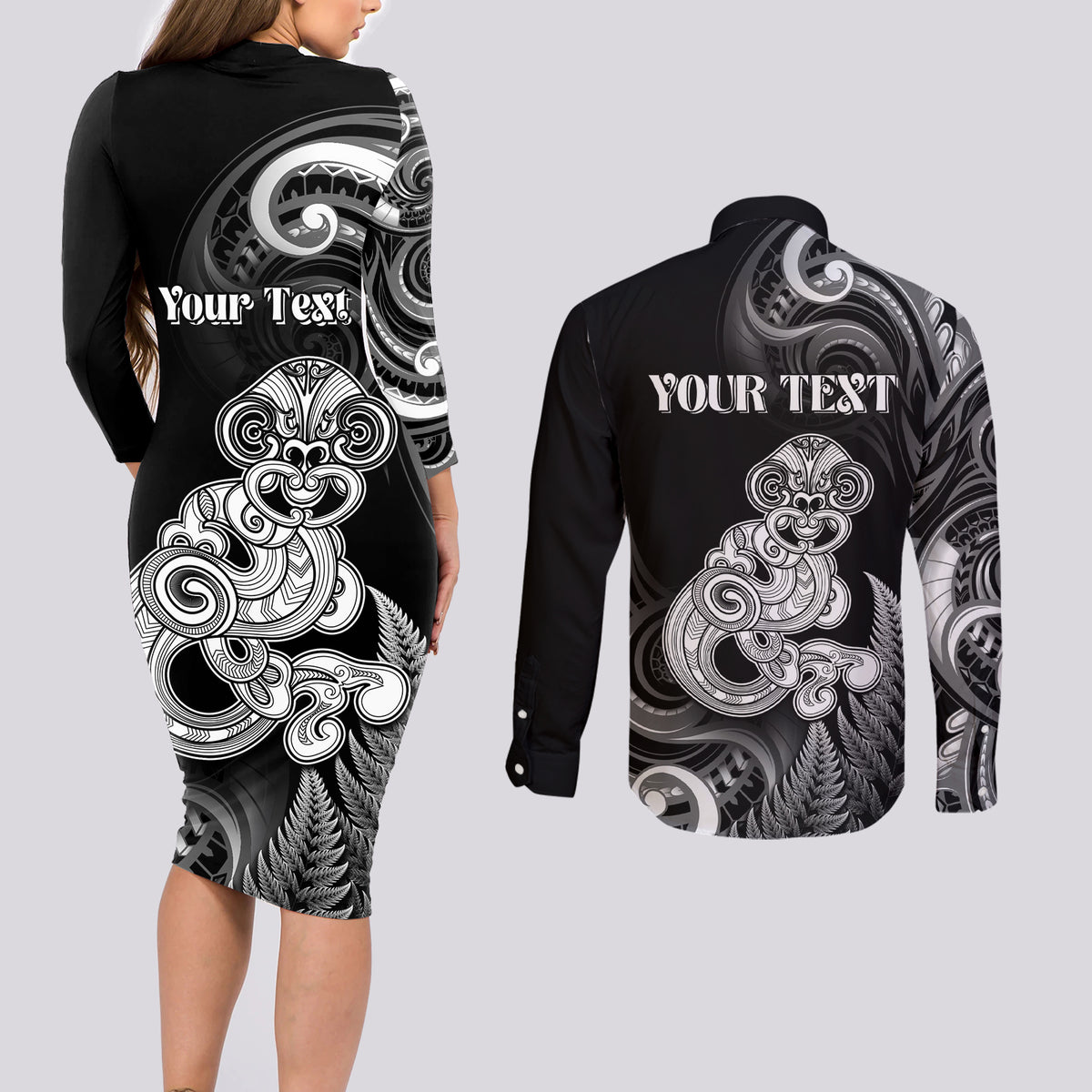 Personalised New Zealand Maori Taniwha Couples Matching Long Sleeve Bodycon Dress and Long Sleeve Button Shirt Silver Fern Black Version LT05 - Polynesian Pride