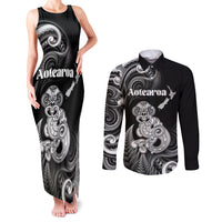 Personalised New Zealand Maori Taniwha Couples Matching Tank Maxi Dress and Long Sleeve Button Shirt Silver Fern Black Version LT05 Black - Polynesian Pride