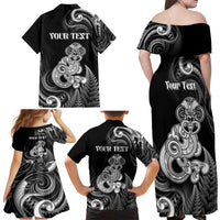 Personalised New Zealand Maori Taniwha Family Matching Off Shoulder Maxi Dress and Hawaiian Shirt Silver Fern Black Version