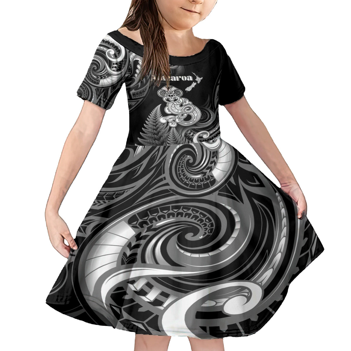 Personalised New Zealand Maori Taniwha Family Matching Puletasi and Hawaiian Shirt Silver Fern Black Version LT05 Daughter's Dress Black - Polynesian Pride